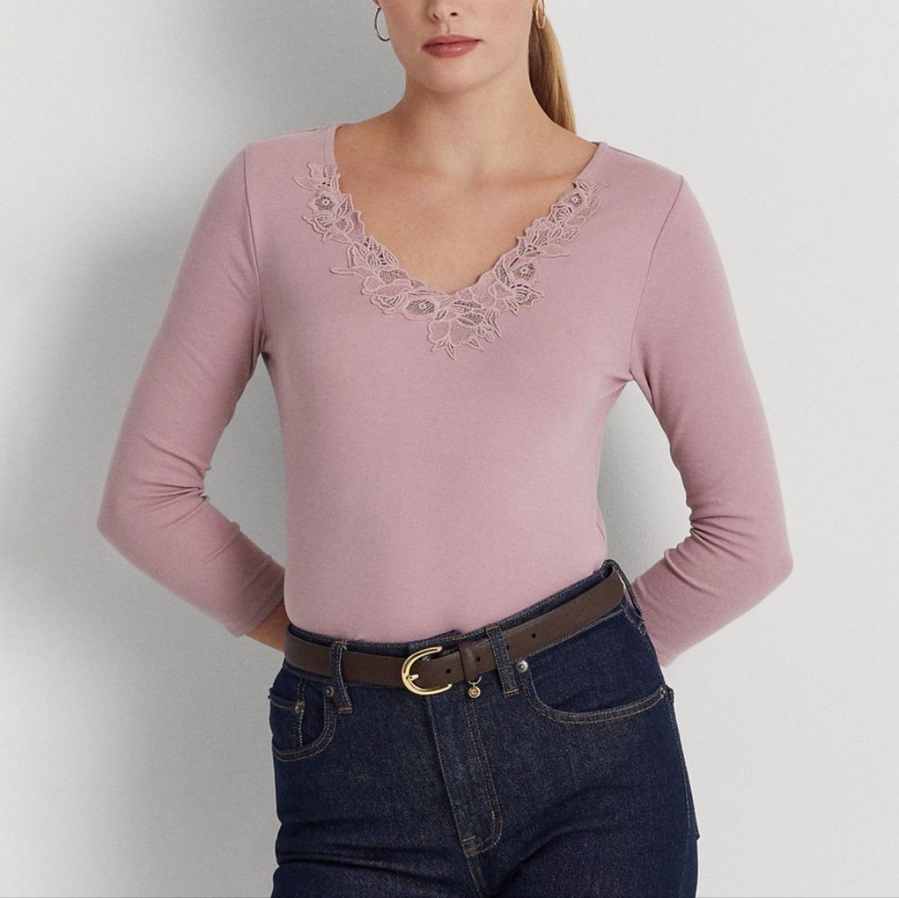 RALPH LAUREN LACE-TRIM STRETCH COTTON TOP